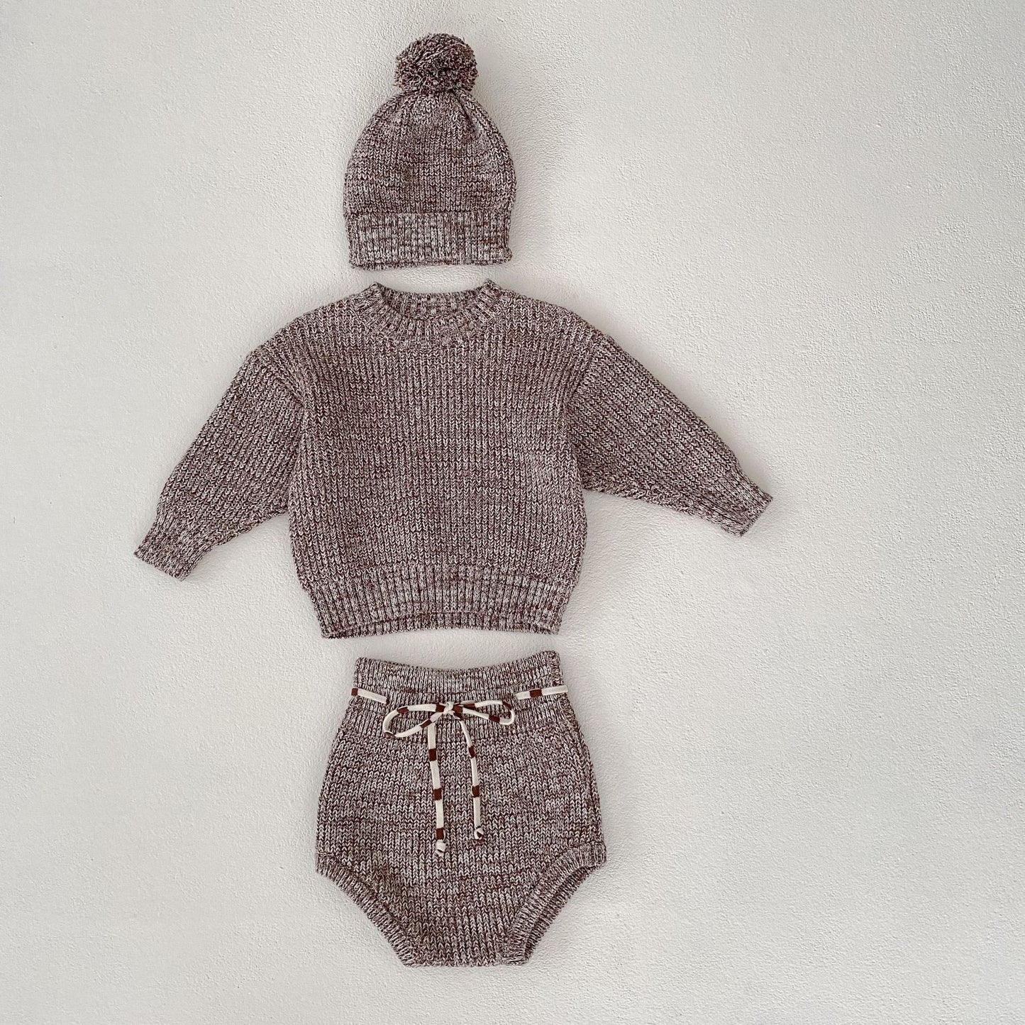 Mixed Color Thick Needle Pullover Pants Pullover Fur Ball Knitted Hat 3-Piece Set