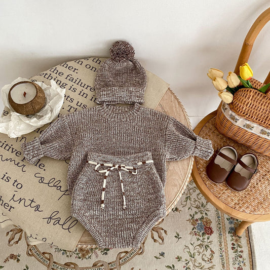 Mixed Color Thick Needle Pullover Pants Pullover Fur Ball Knitted Hat 3-Piece Set